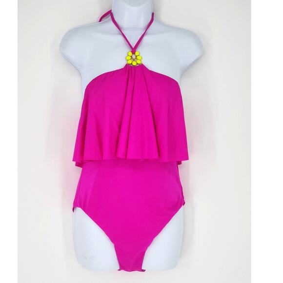 Trina Turk Orchid Pink Ruffle Halter One-Piece Swimsuit Women’s Size 8 - Picture 2 of 9